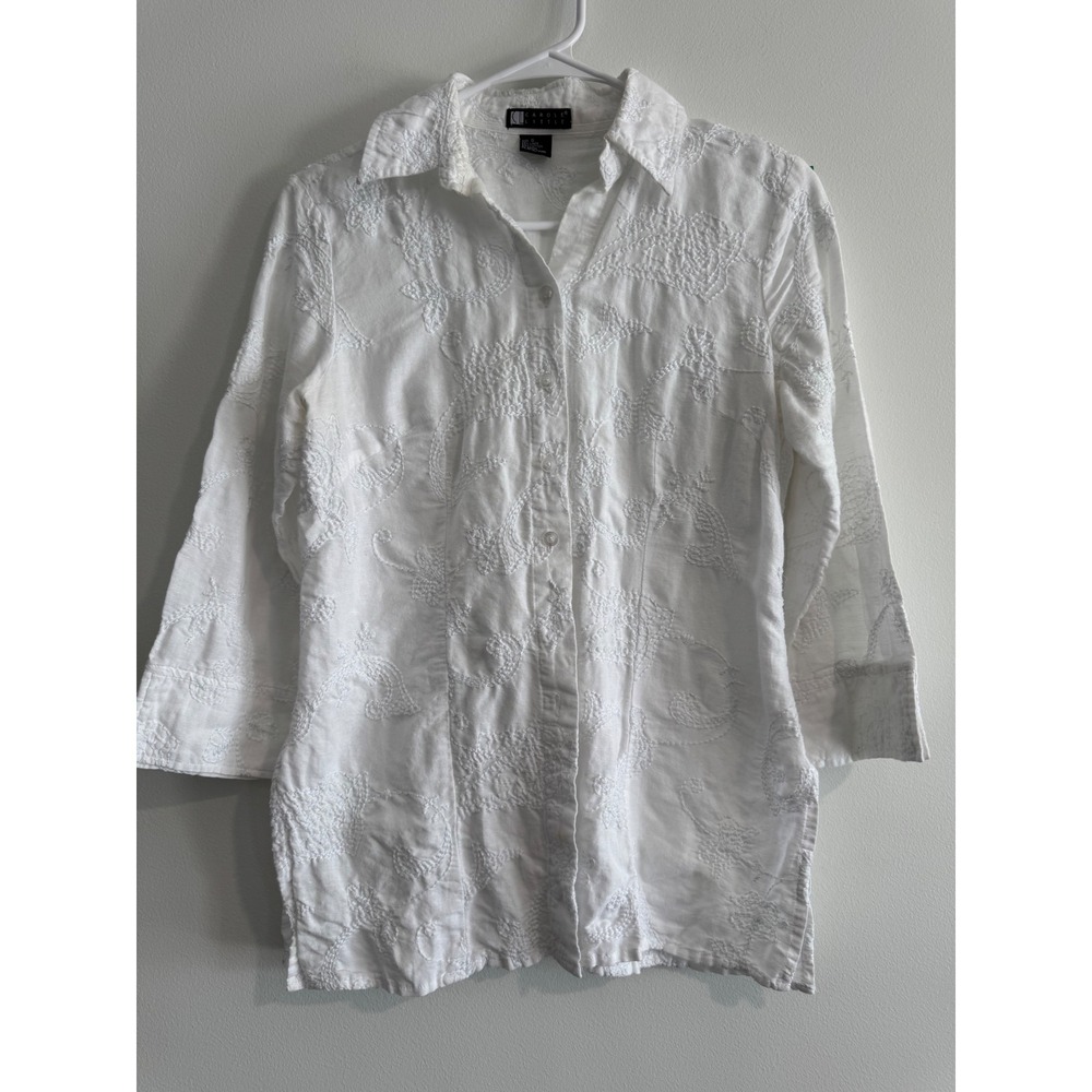 Carole Little Embroidered Button Down Women S White Linen cotton Coastal Blouse